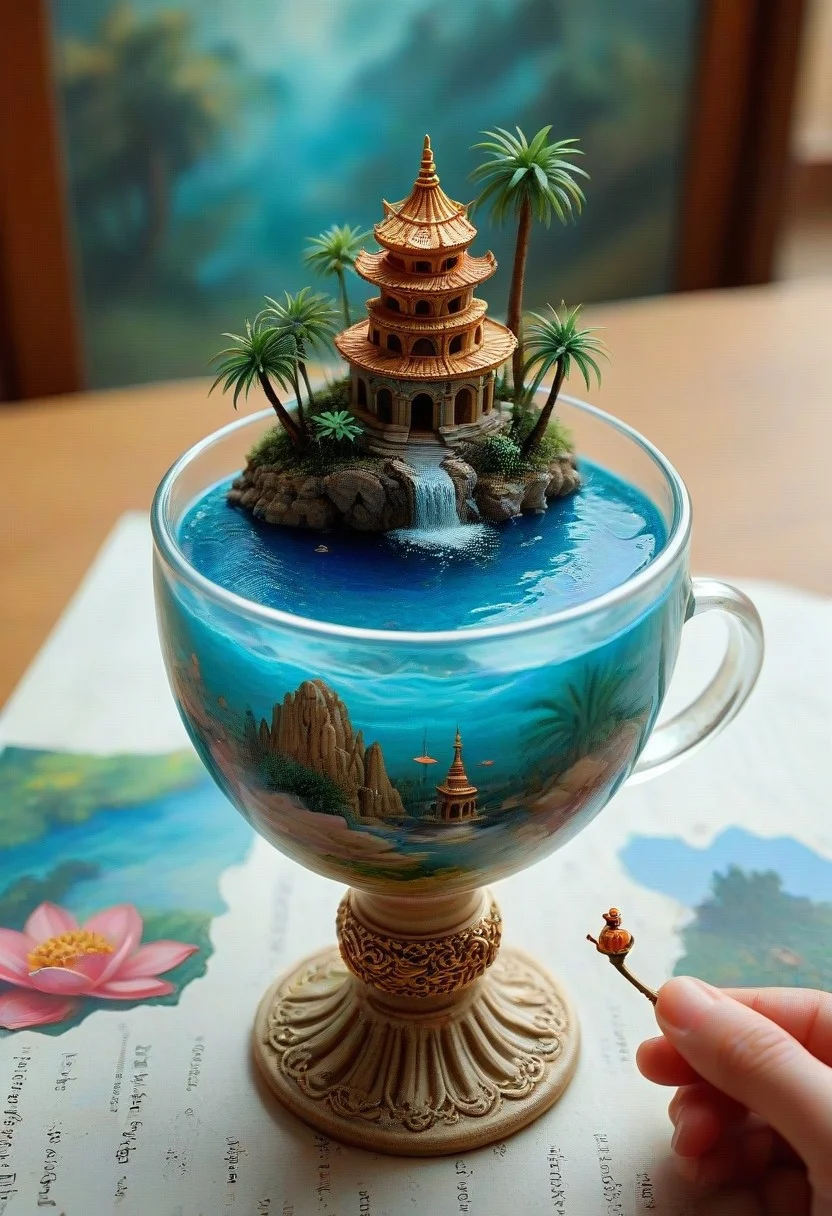 tilt-shift photo of best quality double exposure complex surreal painting on cracked paper, macro, microworld,  hyperdetailed,   insanely detailed, surreal, tiny genie spirit creature, flying oasis landscape placed inside a cup on the table in room. waterfall, lotus flowers,temple palms desert filigree, table cinematic, big eyes 32k, by Rockwell, WLOP Ryniac, Craola, Disney, van Gogh, highly detailed, intricated, intricated pose, high quality, centered, perfect composition.,
<lora:Midjourney_-_SemiReal_Dreams_FLUX_LoRA:1>,<lora:hyper-detail-illustration:1>, Selective focus, miniature effect, blurred background, highly detailed, vibrant, perspective control