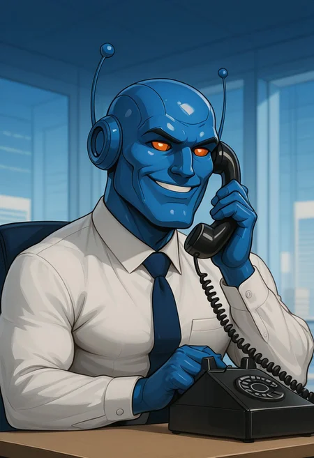 masterpiece, high detail, CivBot, gigachad, sigma male, robot, blue, sitting at a CEO desk, corporate office, airy, bright, smiling confidently, speaking on a telephone