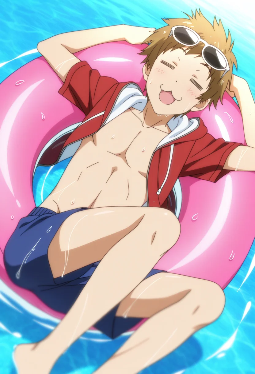 masterpiece, best quality, very aesthetic, high resolution, ultra-detailed, absurdres, scenery, volumetric lighting, depth of field, anime screencap , , , 1boy, solo, male focus,  <lora:maiko_shuu:0.82>, shuu maiko, brown hair, short hair, == eyes, laying on float ring, on water, swimwear ,swim trunks, hood, open clothes, bare feet, sunglasses in head, wet, emotion face :3, open mouth, looking at viewer, arms at sides, relaxed pose, dutch angle, summer atmosphere