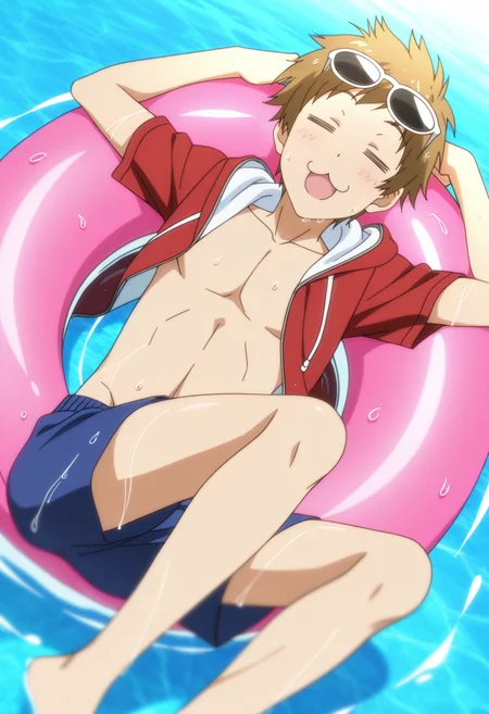 masterpiece, best quality, very aesthetic, high resolution, ultra-detailed, absurdres, scenery, volumetric lighting, depth of field, anime screencap , , , 1boy, solo, male focus,  <lora:maiko_shuu:0.82>, shuu maiko, brown hair, short hair, == eyes, laying on float ring, on water, swimwear ,swim trunks, hood, open clothes, bare feet, sunglasses in head, wet, emotion face :3, open mouth, looking at viewer, arms at sides, relaxed pose, dutch angle, summer atmosphere