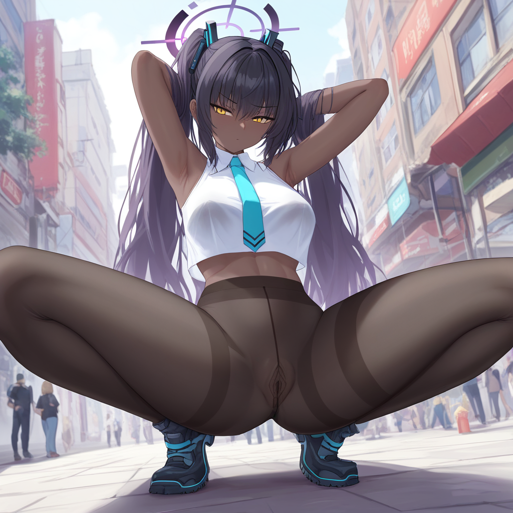 score_9, score_8_up, score_7_up, source_anime, expressive, anime, Artist speedlines, dynamic, 1girl, (Karin_(Blue Archive)), (dark-skinned_female:1.2), yellow eyes, squatting, arms behind head, armpit_hair, crop top see-through_legwear pantyhose, see-through, thighband_pantyhose, pantyhose, nudepantyhoseXL, pussy_under_pantyhose, uncensored, pussy, exhibitionism, public, outdoors, sunny, urban