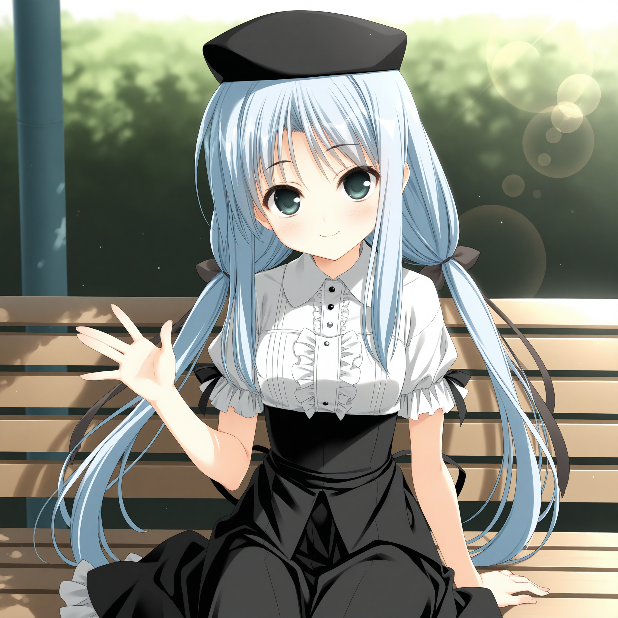 <lora:Nonohara_Hinazakura_1_nai-000038:1>,Nonohara Hinazakura,twintails,hair ribbon,black ribbon,
short sleeves,frilled sleeves,center frills,black beret,black dress,frilled dress,white sleeves,white frills,collared dress,waist ribbon,white shirt,
1girl,solo,smile,sitting,on bench,waving,front view,looking at viewer,depth of field,lens_flare,