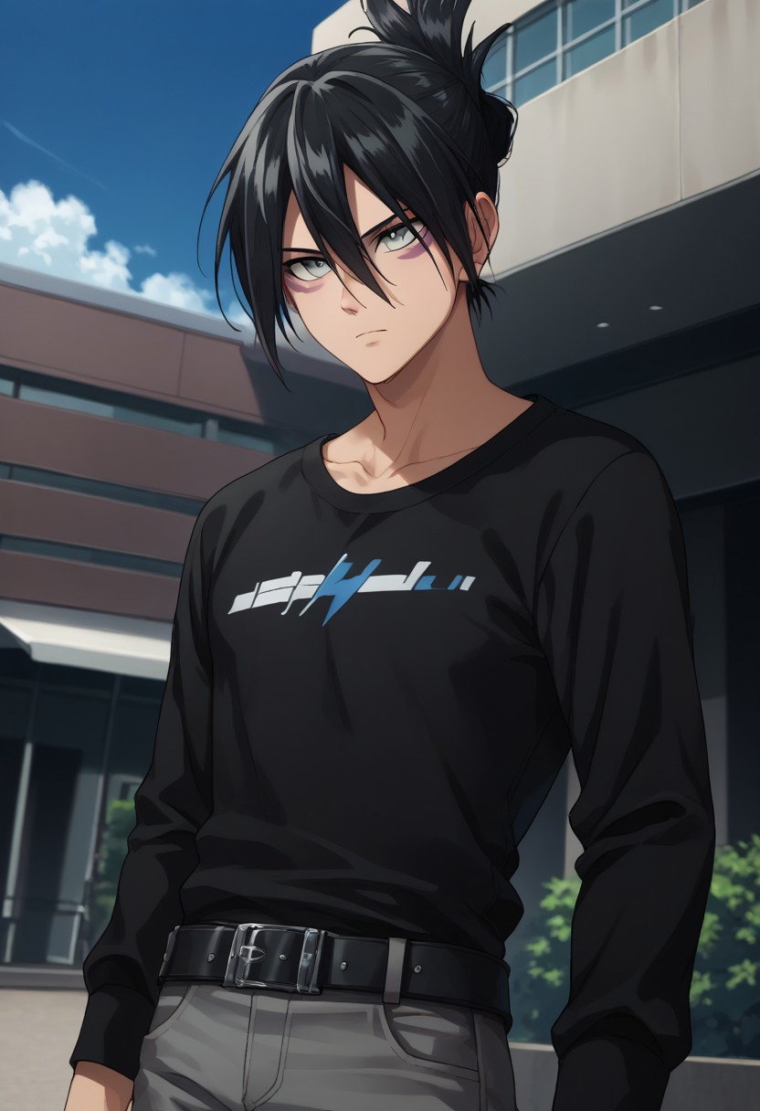 score_9, score_8_up, score_7_up, source_anime, highly detailed, 
nosonikku, solo, black hair, hair between eyes, pants, 1boy, facial mark, grey eyes, belt, male focus, shirt, black shirt, grey pants, standing, upper body
outdoor, buildings, sky