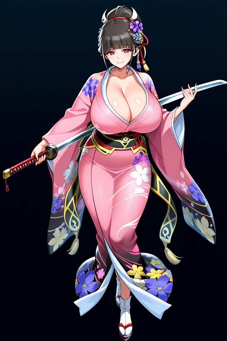 masterpiece , source_anime, 1girl, breasts, japanese clothes, solo, tabi, kimono, sword, sash, hair ornament, weapon, huge breasts, floral print, holding, obi, wide sleeves, bangs, full body, cleavage, black hair, collarbone, red eyes, flower, holding sword, holding weapon, looking at viewer, tomoe (symbol), blunt bangs, smile, black background, hair flower