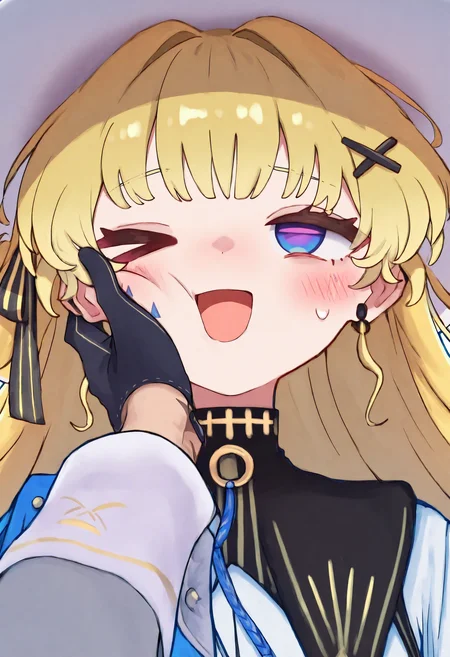 solo, 1girl, phoebe, 1girl, long hair, blonde hair, hat, white headwear, ribbon, hair ornament, dress, white dress, blue eyes, very long hair, gloves, black gloves, white pantyhose, pantyhose, hair ribbon, x hair ornament, white long sleeves, gradient eyes, multicolored eyes, purple eyes, leg tattoo, tacet mark \(wuthering waves\), face_grab, xd, portrait,close up, explicit, morino hon,nuu \(nu-nyu\),{harada takehito},masterpiece,best quality,newest,absurdres,highres,very awa,