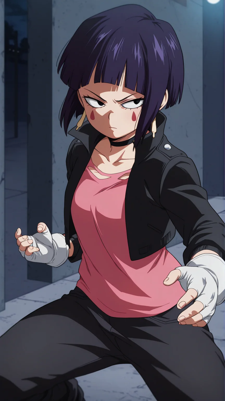 masterpiece, best quality, absurdres, amazing quality,  1girl, solo, <lora:IlluJirou:1> illujiro, short hair, bangs, long earlobes, purple hair, black hair, black eyes,  <lora:IlluRom:0.9> romstyle,  facial mark, black jacket, collarbone, choker, white gloves, fingerless gloves, pants, pink shirt, serious, fighting stance, street, night,