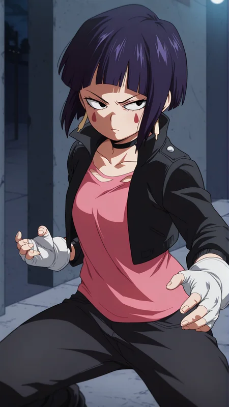 masterpiece, best quality, absurdres, amazing quality, 1girl, solo, <lora:IlluJirou:1> illujiro, short hair, bangs, long earlobes, purple hair, black hair, black eyes, <lora:IlluRom:0.9> romstyle, facial mark, black jacket, collarbone, choker, white gloves, fingerless gloves, pants, pink shirt, serious, fighting stance, street, night,