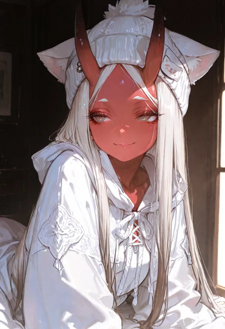 masterpiece, best quality, good quality, newest, highres, absurdres, volumetric lighting,gradient color,
BREAK
raytracing, volumetric lighting, ambient occlusion, girl, background, masterpiece, best quality, very awa, absurdres,
BREAK
Aka-Oni, oni, colored skin, (red skin:1.3), straight horns, solo, long hair, model style,
BREAK
masterpiece,amazing quality,best quality,ultra-detailed,8K,illustration,CG,shiny hair,clear skin,ultra-detailed-eyes, background,cute girl, eyelashes
BREAK,
neck-length messy colored white hair, use a white gothic cat-ears beanie to covers the top of her head and make her haircut better. doll eyes, burgundry little lips, small nose, large forehead, ears with piercing. grey-brown pupils, dark irises.Plump skin, silk-like skin, faintly smile,