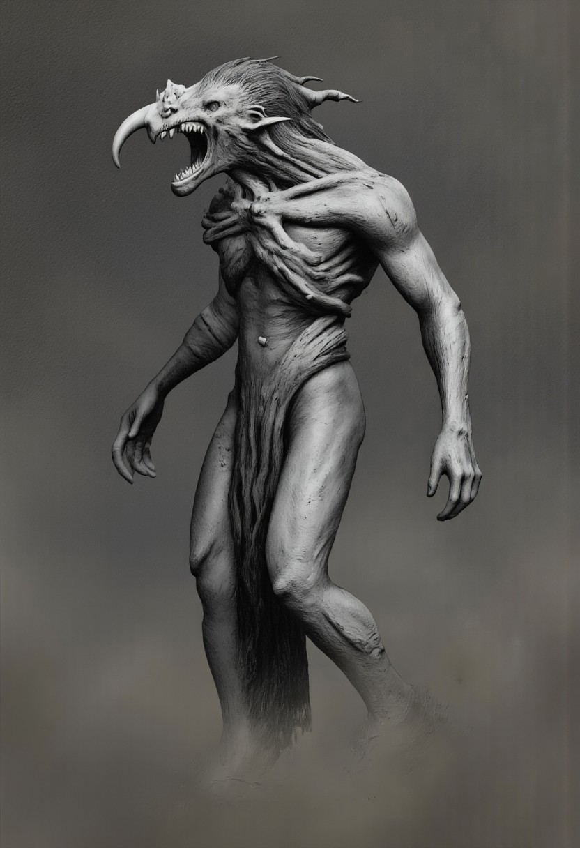aidmaMJ6.1, Made out of paper, a PaperStyle , d4artstyle, d4concept, , d00mstyle, made of clay, ZBClay model of a gray sculpture
A grotesque and nightmarish creature with a distorted, elongated body. Its form is gaunt, with sinewy muscles and patches of ragged fur hanging from its emaciated frame. The creature's head is a disturbing mix of beast and primate, featuring a gaping maw filled with sharp, jagged teeth and a pair of large, curved tusks protruding from its lower jaw. Its hollow, piercing eyes emit a sense of malevolence, while matted, black fur drapes from its neck like a twisted mane. The creature's elongated neck curves unnaturally, giving it a serpentine appearance, and the back is hunched with prominent ridges along the spine. The legs are spindly and appear unstable, adding to its unsettling appearance. Its design evokes a blend of demonic horror and predatory menace, with an emphasis on grotesque and eerie details.
Background solid color with a faded dimly lit, fog-covered darkness tone that emphasizes its silhouette. 
 The medium is not a traditional painting or illustrative medium like watercolor or ink but rather a digital rendering, eerie and unsettling.