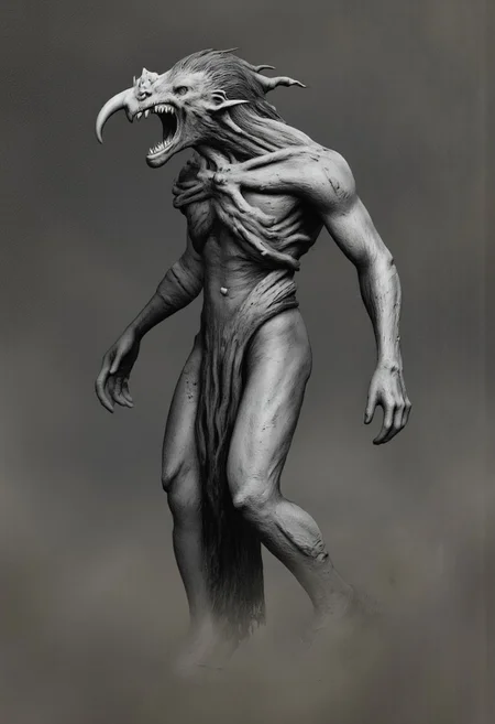 aidmaMJ6.1, Made out of paper, a PaperStyle , d4artstyle, d4concept, , d00mstyle, made of clay, ZBClay model of a gray sculpture
A grotesque and nightmarish creature with a distorted, elongated body. Its form is gaunt, with sinewy muscles and patches of ragged fur hanging from its emaciated frame. The creature's head is a disturbing mix of beast and primate, featuring a gaping maw filled with sharp, jagged teeth and a pair of large, curved tusks protruding from its lower jaw. Its hollow, piercing eyes emit a sense of malevolence, while matted, black fur drapes from its neck like a twisted mane. The creature's elongated neck curves unnaturally, giving it a serpentine appearance, and the back is hunched with prominent ridges along the spine. The legs are spindly and appear unstable, adding to its unsettling appearance. Its design evokes a blend of demonic horror and predatory menace, with an emphasis on grotesque and eerie details.
Background solid color with a faded dimly lit, fog-covered darkness tone that emphasizes its silhouette.
The medium is not a traditional painting or illustrative medium like watercolor or ink but rather a digital rendering, eerie and unsettling.