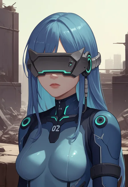 score_9, score_8_up, score_7_up, source_anime BREAK 1girl, solo, <lora:massproduced-nikke-richy-v1_pdxl:1> mssprd, head-mounted display, covered eyes, blue hair, long hair, blue bodysuit, outdoors, post-apocalypse, science fiction, concrete