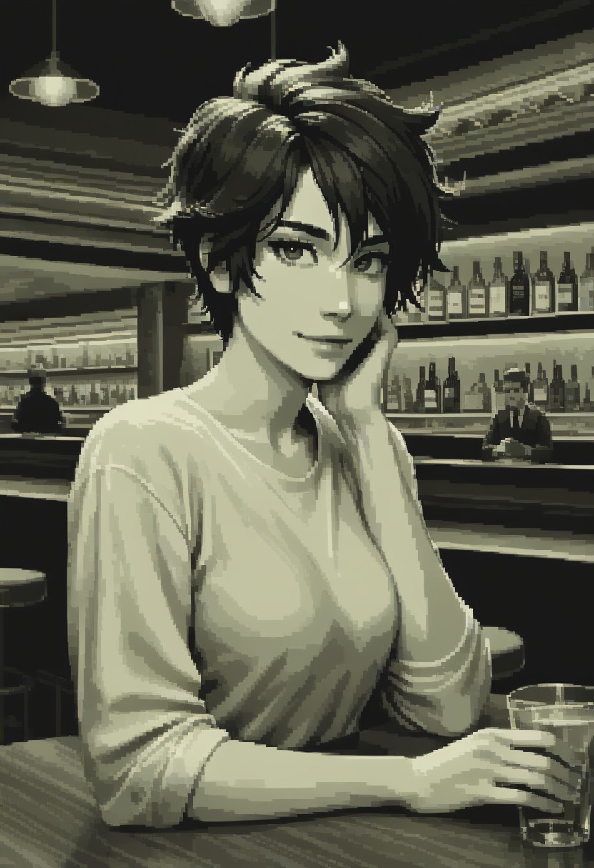score_9, score_8_up, 
green theme, monochrome, pixel, bold lines, flat colors,
beautiful, restaurant, bar, modern,
looking at viewer, pretty eyes, Expressiveh, 
dark eyebrows, medium breasts,
tomboy, date night