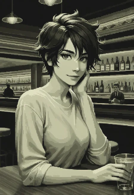 score_9, score_8_up,
green theme, monochrome, pixel, bold lines, flat colors,
beautiful, restaurant, bar, modern,
looking at viewer, pretty eyes, Expressiveh,
dark eyebrows, medium breasts,
tomboy, date night