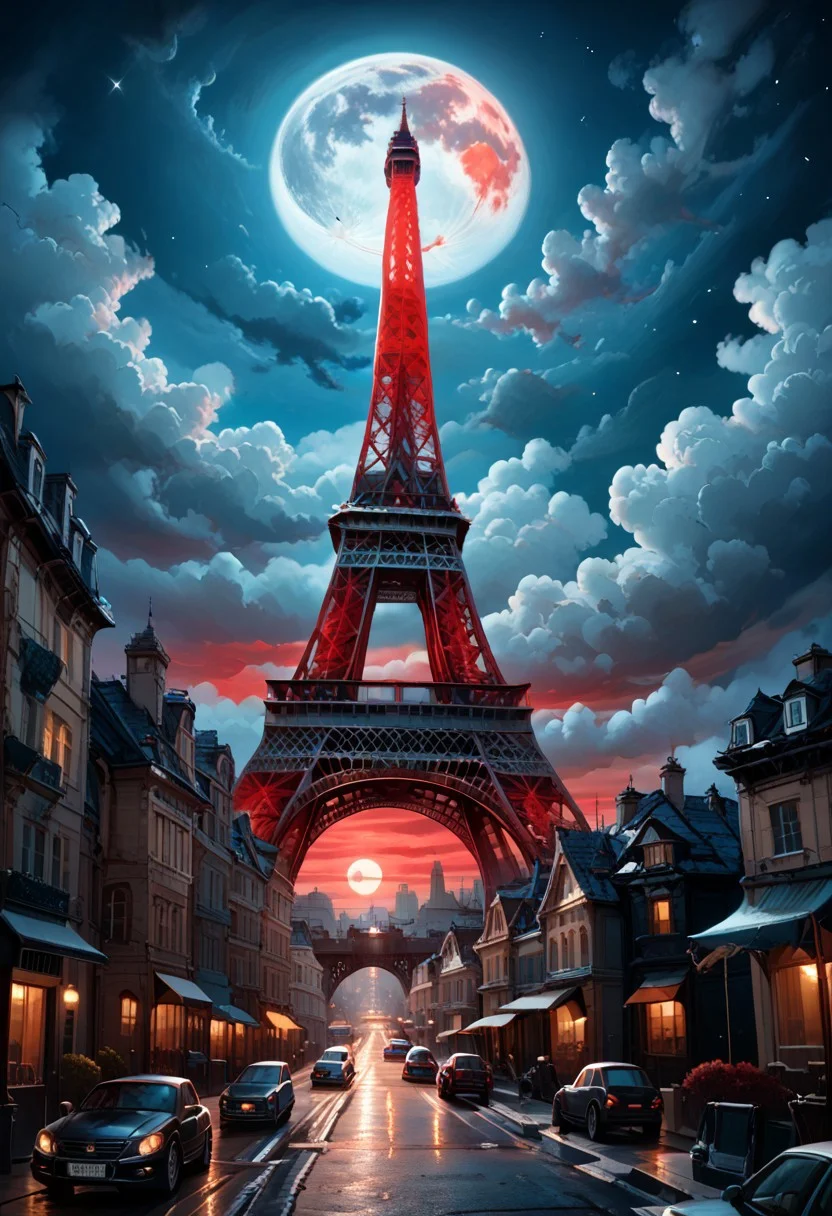 score_9, score_8_up, score_8, medium breasts, (curvy), cute, eyelashes,
rating safe,
BREAK,
zzEiffelTower, sky, cloud, no humans, night, moon, cloudy sky, ground vehicle, star (sky), night sky, motor vehicle, full moon, city, car, road, red moon, red sky, dark theme,
BREAK,
abstract background,
zPDXL, Expressiveh