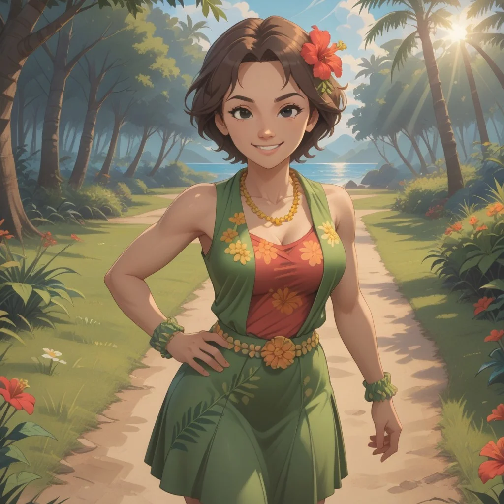 score_9, score_8, BREAK, solo, 1girl, female mii, brown hair, hibiscus hair ornament, black eyes, black eyebrows, brown sleeveless shirt, flower necklace, leaf wristbands, flower belt, green skirt, calf rings, barefoot, breasts, Hula_Dance_Teacher_(Wii_Fit_U), cute, self portrait, smile, looking at viewer, outdoors, sunlight, shadows, evening lighting, natural lighting, forest, trees, grass, orange sky, sunset