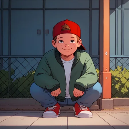 score_9, score_8_up, score_7_up, squatting, Expressiveh, young, looking at viewer, perfect face, colorful, dramatic angle,  school yard, bluejeans, school building in background, , smile, red hat, backwards hat, shirt, jacket, brown hair, freckles, 1boy, solo