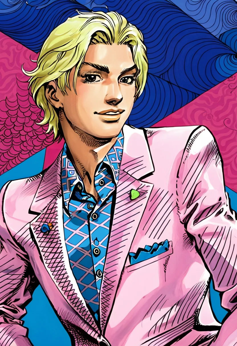 art of kira yoshikage, blond man with (serious) and smile face expression, upper body, looking at camera, pink suit with geometric pattern, by araki hirohiko , (sky with blue patterns resembling waves in background) <lora:araki_hirohiko-000009:0.7> <lora:hand 4:0.4>