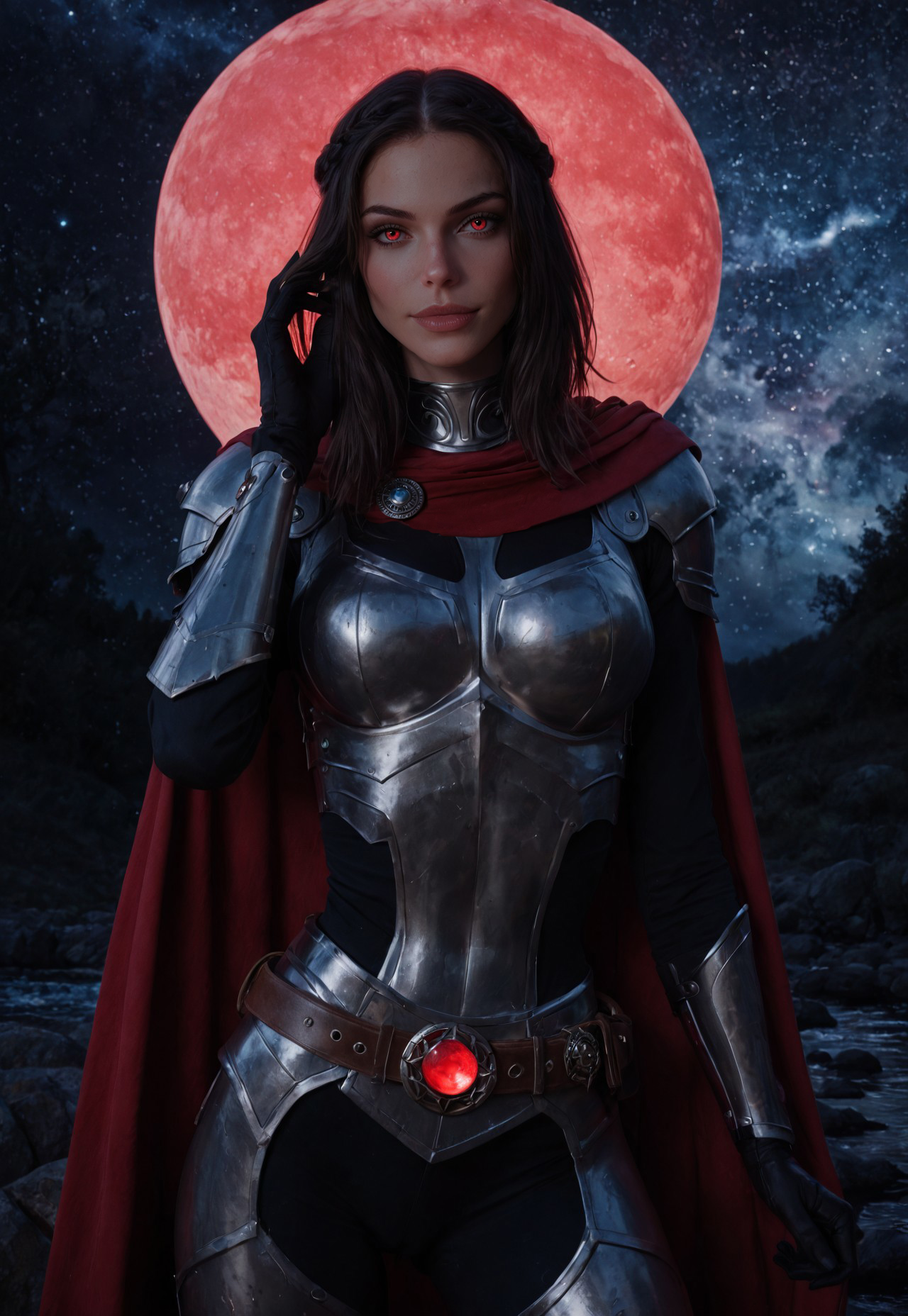 ((score_9, score_8_up):1.4), NM_tes_Serana, Swedish college bimbo, Pale skin, (posing on a rock at a lake with hand playing with hair), medium hair, (black hair:1.1), braid, tiny waist, ((clothed) large breasts:1.2), athletic body, (head_tilt:1.4), smug, perfectly round breasts, perfect ass, (high detailed face),  very pretty youthful face, (red eyes), photo realistic eyes, mesmerizing eyes, (jewelry, cape, armor, gloves, belt:1.3), looking at viewer, facing camera, midnight:2, (night lighting:1.2), (amazing background),  highest quality, masterpiece, UHD, DSLR, high quality, sexy atmosphere, darkness, night sky, red moon, colorful nebula, ultra realism, attractive, alluring, beautiful, aesthetic, 8k,