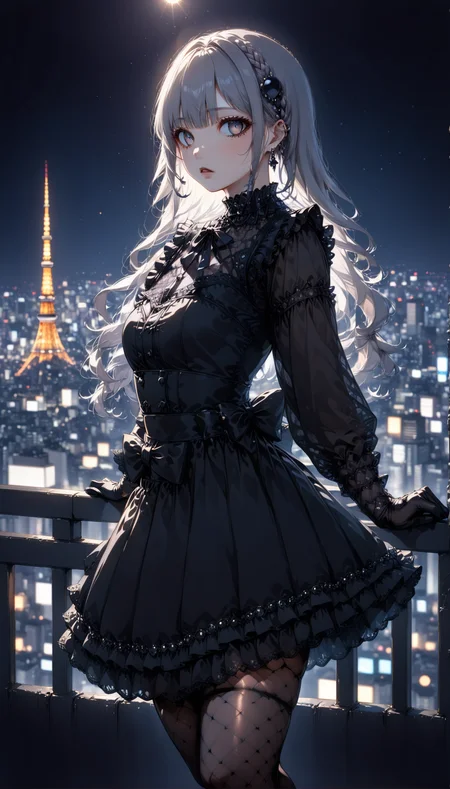 tokyo_street_fashion_xl, goth, bangs, parted lips, twin braids, black dress, frills, jewelry, obsidian hair ornament, parted lips, long hair, looking at viewer, solo, standing, silver hair, freckles, fishnet pantyhose, gloves, lace trim, frills, white eyes, modeling,
overlooking the Tokyo skyline at night, (bokeh, depth of field, pinhole effect, double exposure:1.5), blacklighting,
very aesthetic, highres, 4k, 8k, intricate detail, cinematic lighting, amazing quality, amazing shading, detailed Illustration, official artwork, wallpaper, official art,
extremely detailed eyes and face, beautiful detailed eyes,
from side, upper body, leaning,dynamic pose
<lora:aesthetic_anime_v1s:1>
<lora:tokyo_street_fashion_xl_1:1>
<lora:ral-obsdn:1>