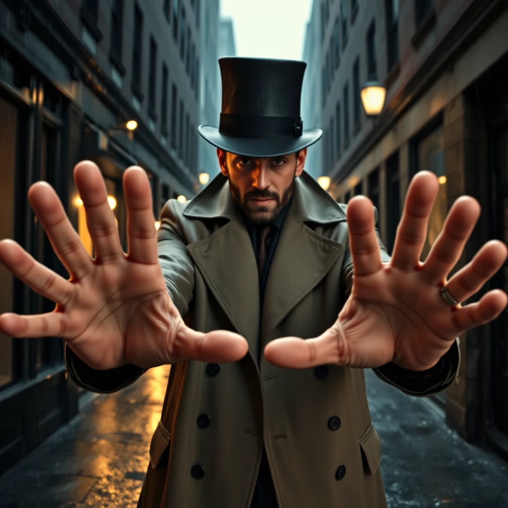 cinematic film still of a man with hyper hands reaching out for the viewer. each of his hands has five fingers. the man is standing in a dark alleyway in the middle of a city in the rain, and wearing a trench coat and a top hat that partially obscures his face