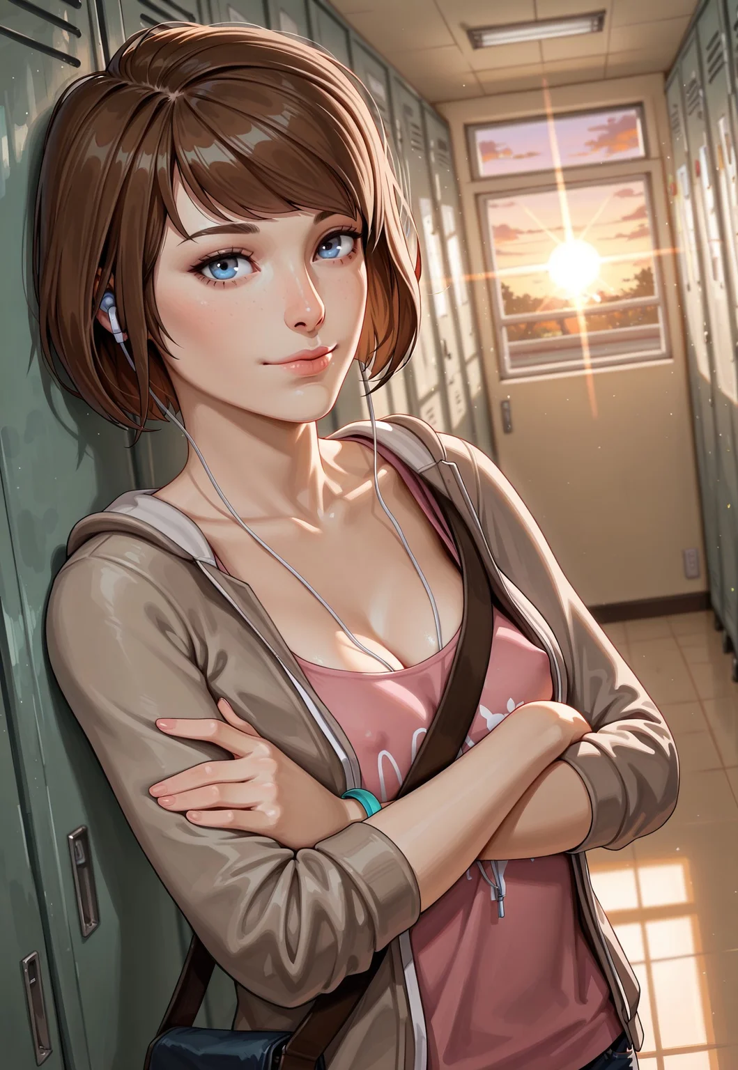 safe_pos, masterpiece, best quality, BREAK, dynamic angle, 1girl, solo, maxcaulfieldlis, brown hair, blue eyes, satchel, earphones, jacket, pink shirt, cleavage, perky breasts, bracelet, arms crossed, looking at viewer, light smile, college, hallway, lockers,  sunrays, sunset, detailed scenery