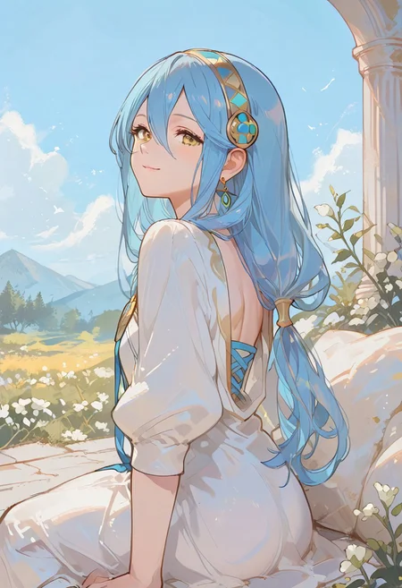 score_9, score_8_up, score_7_up, score_6_up, masterpiece, best quality, ultra-detailed, high resolution, 8k, sharp focus, beautiful, perfect lighting, smooth edges, highly visible, super detailed skin, 1 girl, azura fire emblem, pastel blue hair, front, earrings, looking at viewer, pastel yellow eyes, high quality, white greek style dress, 748cmstyle, gbf_style, usnr, anime, Expressiveh, fully clothed, up close, ancient greek style, long hair, half sleeves, day time, smile, 1 man, male corrin fire emblem, man laying on stomach, sitting down next to man, massaging man's back, side view, blue sky,