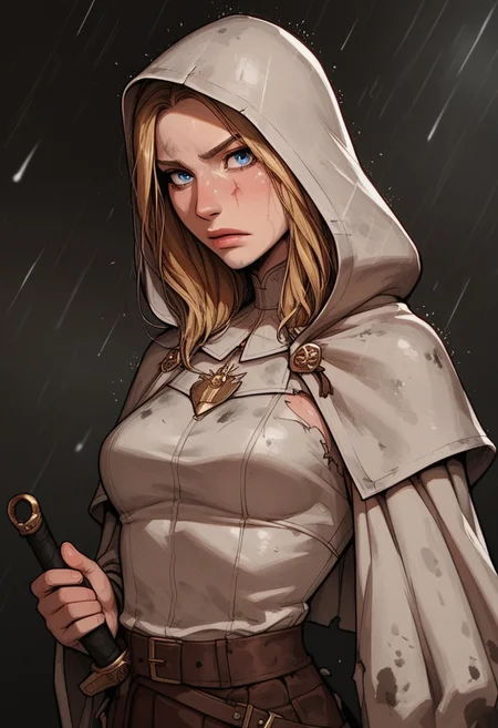 (score_9, score_8_up, score_7_up). (line work, excellent drawing, highest quality, extremely detailed:1.2). solo, 1girl, 24 year old woman, Battle Cleric, saint, vestal, hood, armor, religious, medium breasts, glossy lips, long lashes, blue eyes, blonde hair, innocent, cute face, pale skin, soft skin, scared, determined, injured, slut face, nympho, horseriding skirt, fantasy, dnd, g0thicPXL, romantic, source_cartoon, depth of field, medium distance, cowboy_shot, semirealistic, dynamic angle, side view, in profile, dark background, raining, torn clothes, muddy clothes, dynamic pose, holding a knife,