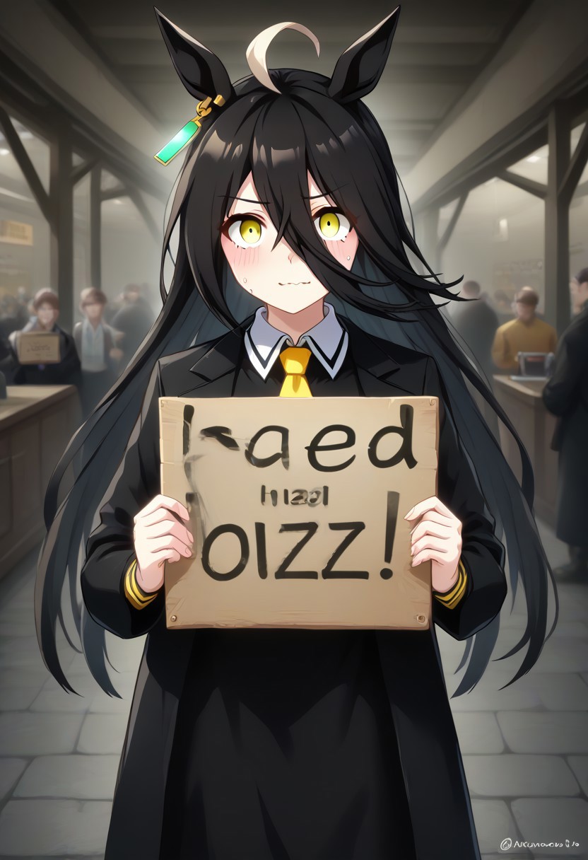 ,manhattan_cafe_(umamusume), anger vein ,need_buzz, holding sign,1girl,  need_buzz, holding sign with another hand  
looking at viewer, very awa,yellow_necktie,black long hair , yellow eyes,long skirt ,YOUR TEXT made of , green ,standing,420futurism
, fake smile, nervous sweat, wavy mouth, ,  , mcafe, black hair, long hair, white ahoge, yellow eyes, horse girl, , black coat, single aqua earring,