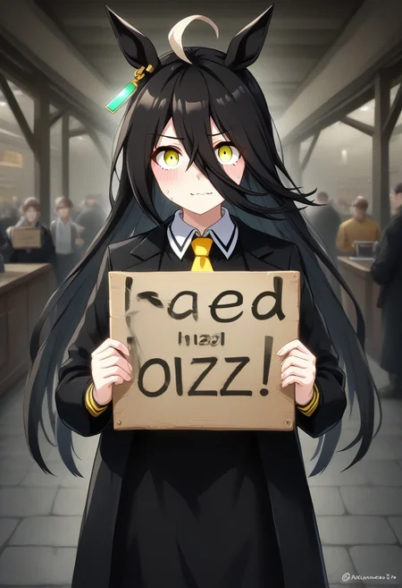 ,manhattan_cafe_(umamusume), anger vein ,need_buzz, holding sign,1girl,  need_buzz, holding sign with another hand  
looking at viewer, very awa,yellow_necktie,black long hair , yellow eyes,long skirt ,YOUR TEXT made of , green ,standing,420futurism
, fake smile, nervous sweat, wavy mouth, ,  , mcafe, black hair, long hair, white ahoge, yellow eyes, horse girl, , black coat, single aqua earring,