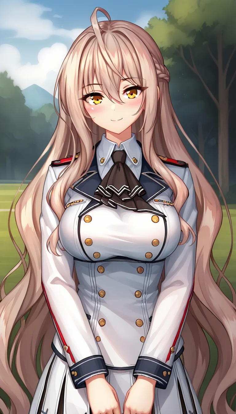 score_9,score_8_up,masterpiece,best quality,correct anatomy,anime_source,1girl,solo,perfect eyes,perfect arms,perfect legs,perfect face,outdoors,upper body,(portrait:1.5),looking at viewer,facing viewer,smile,blush,Arcelias Pendragon,ahoge,very long hair,light brown hair,wavy hair,hair intakes,french braid,hair between eyes,bangs,yellow eyes,uniform,black ascot,white jacket,double-breasted,white shirt,long sleeves,large breasts,miniskirt,white skirt,frilled skirt,pleated skirt,zettai ryouiki,black thighhighs,loafers,white footwear,<lora:Arcelias Pendragon(uq)-Pony:1.2>,