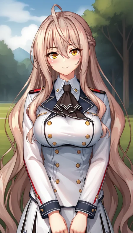 score_9,score_8_up,masterpiece,best quality,correct anatomy,anime_source,1girl,solo,perfect eyes,perfect arms,perfect legs,perfect face,outdoors,upper body,(portrait:1.5),looking at viewer,facing viewer,smile,blush,Arcelias Pendragon,ahoge,very long hair,light brown hair,wavy hair,hair intakes,french braid,hair between eyes,bangs,yellow eyes,uniform,black ascot,white jacket,double-breasted,white shirt,long sleeves,large breasts,miniskirt,white skirt,frilled skirt,pleated skirt,zettai ryouiki,black thighhighs,loafers,white footwear,<lora:Arcelias Pendragon(uq)-Pony:1.2>,