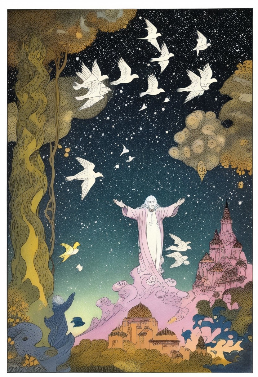 A landscape with fantastical trees and birds. In the night sky are clouds, which merge into the starry robes of a gigantic old woman with long white hair. The man is holding his arms spread open, inviting