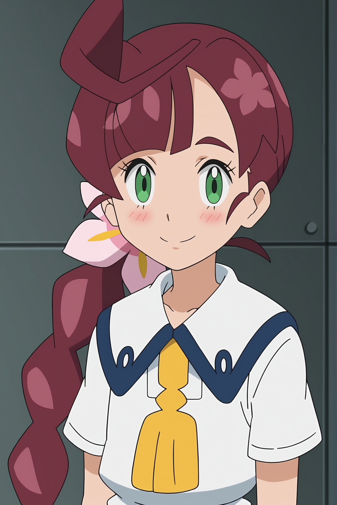 score_9, score_8_up, score_7_up, source anime, prefect lighting, very aesthetic, BREAK, anime coloring, anime screencap,
<lora:chloe_pokemon_v1-pdv6:1>, 1girl, chloe \(pokemon\), pokemon journeys, green eyes, brown hair, ahoge, hair flower, braided ponytail, long hair, eyelashes,
vermilion city school uniform, neck tassel, white dress, collared dress, short sleeves, 
BREAK, light smile, blush, looking at viewer, upper body, 
BREAK,