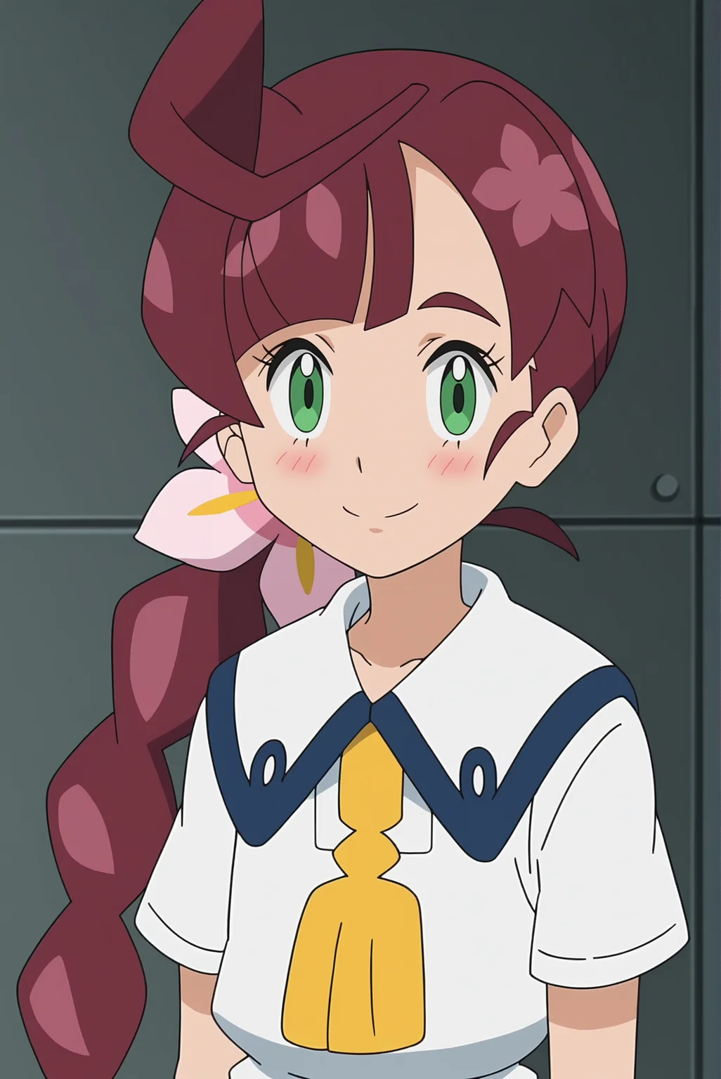 score_9, score_8_up, score_7_up, source anime, prefect lighting, very aesthetic, BREAK, anime coloring, anime screencap,
<lora:chloe_pokemon_v1-pdv6:1>, 1girl, chloe \(pokemon\), pokemon journeys, green eyes, brown hair, ahoge, hair flower, braided ponytail, long hair, eyelashes,
vermilion city school uniform, neck tassel, white dress, collared dress, short sleeves,
BREAK, light smile, blush, looking at viewer, upper body,
BREAK,