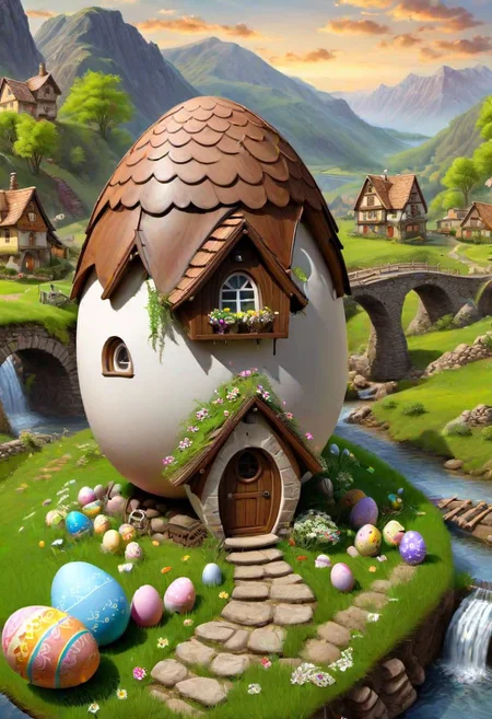 ((masterpiece, best quality)), high resolution, 32k picture, professional render, trending on artstation, 
Easter Egg Home, outdoors, nature, flower, window, grass, door,  village, a village of egg houses near a babbling brook, waterfall, bridge,