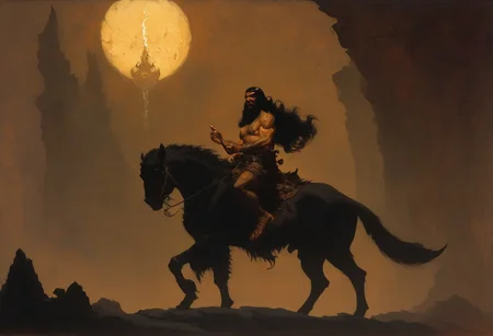Frank Frazetta fantasy dark fantasy oil painting of AhuramazdaV1, he has light brown skin and flowing straight black hair.