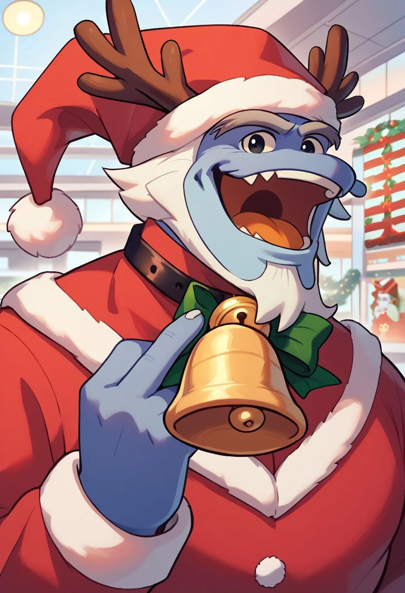 score_8_up, score_7_up, 1boy, solo, KINGANDRIAS, white hair, black eyes, beard, colored skin, upper body, happy, joyous, mouth open, hand up, holding bell, ringing bell, looking at viewer, santa clause outfit, long sleeves, red hat, red pants, working in mall, crowded mall, christmas season,