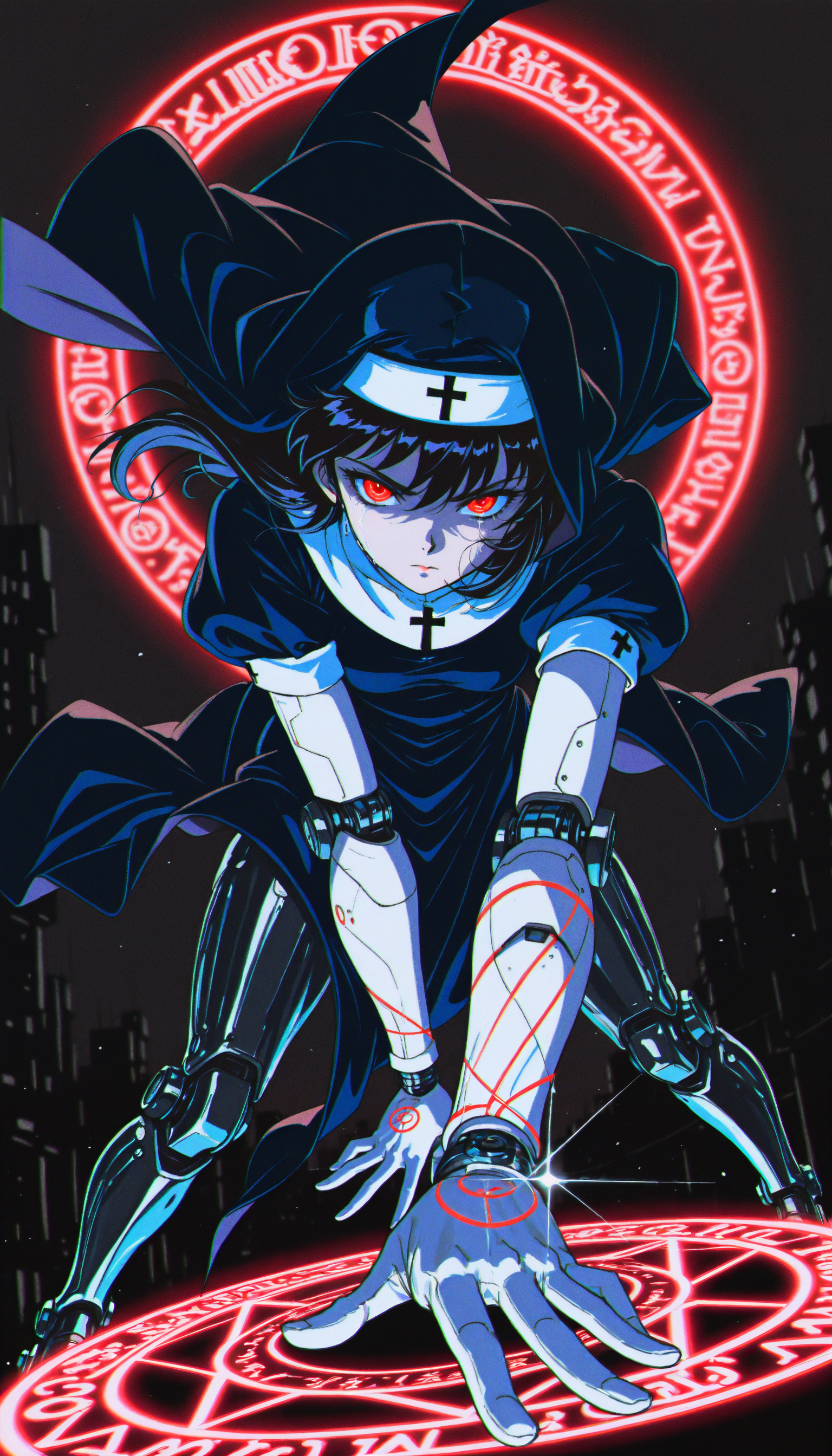 ((absurdres, high_quality, masterpiece)), (dynamic_angle, foreshortening, depth_of_field), blurry_background, (anime_coloring, flat_colors, cel-shaded), (glint, lens_flare), chromatic_aberration, scanlines, (grainy_texture:1.4), (film_grain:1.3), (retro_artstyle, 1990s_\(style\), 1980s_\(style\)), vhs_artifacting, halftone, limited_palette, neon_lighting)
(D4rkR3troSc1f1, cinematic, dynamic_pose, motion_blur, action, wind_lift, magic, seductive, magic_circle, dark_aura, energy_swirls, glowing_symbols, crying_blood, crying_with_eyes_open, holographic, glyph, neon_light, cyborg, robot_girl, mechanical_limbs, android, glowing_eyes, red_eyes, narrowed_eyes, black_hair, long_hair, nun, habit, hooded, red_corruption, floating_hair, neon_trim, cross, religious_symbolism, glowing_skin, pale_skin, intense_lighting, glint, dramatic_shadows, volumetric_lighting, sci-fi, futuristic, intricate_details, sharp_contrast, dark_background, eerie)