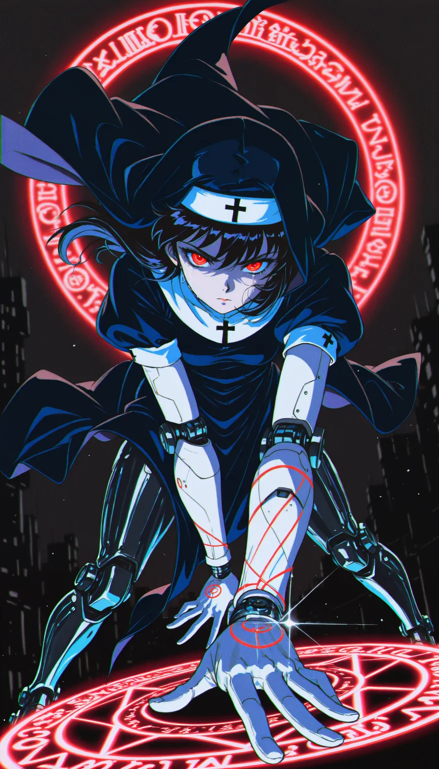 ((absurdres, high_quality, masterpiece)), (dynamic_angle, foreshortening, depth_of_field), blurry_background, (anime_coloring, flat_colors, cel-shaded), (glint, lens_flare), chromatic_aberration, scanlines, (grainy_texture:1.4), (film_grain:1.3), (retro_artstyle, 1990s_\(style\), 1980s_\(style\)), vhs_artifacting, halftone, limited_palette, neon_lighting)
(D4rkR3troSc1f1, cinematic, dynamic_pose, motion_blur, action, wind_lift, magic, seductive, magic_circle, dark_aura, energy_swirls, glowing_symbols, crying_blood, crying_with_eyes_open, holographic, glyph, neon_light, cyborg, robot_girl, mechanical_limbs, android, glowing_eyes, red_eyes, narrowed_eyes, black_hair, long_hair, nun, habit, hooded, red_corruption, floating_hair, neon_trim, cross, religious_symbolism, glowing_skin, pale_skin, intense_lighting, glint, dramatic_shadows, volumetric_lighting, sci-fi, futuristic, intricate_details, sharp_contrast, dark_background, eerie)