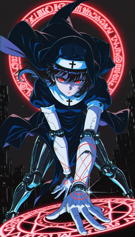 ((absurdres, high_quality, masterpiece)), (dynamic_angle, foreshortening, depth_of_field), blurry_background, (anime_coloring, flat_colors, cel-shaded), (glint, lens_flare), chromatic_aberration, scanlines, (grainy_texture:1.4), (film_grain:1.3), (retro_artstyle, 1990s_\(style\), 1980s_\(style\)), vhs_artifacting, halftone, limited_palette, neon_lighting)
(D4rkR3troSc1f1, cinematic, dynamic_pose, motion_blur, action, wind_lift, magic, seductive, magic_circle, dark_aura, energy_swirls, glowing_symbols, crying_blood, crying_with_eyes_open, holographic, glyph, neon_light, cyborg, robot_girl, mechanical_limbs, android, glowing_eyes, red_eyes, narrowed_eyes, black_hair, long_hair, nun, habit, hooded, red_corruption, floating_hair, neon_trim, cross, religious_symbolism, glowing_skin, pale_skin, intense_lighting, glint, dramatic_shadows, volumetric_lighting, sci-fi, futuristic, intricate_details, sharp_contrast, dark_background, eerie)