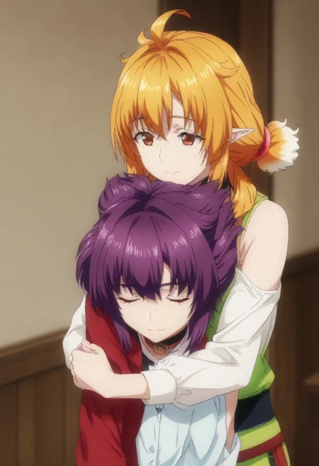 score_9, score_8_up, score_7_up, source anime, prefect lighting, very aesthetic, BREAK, anime screencap.
BREAK
1st girl= Roxanne, blonde hair, brown eyes, orange hair, shiny hair, dog girl, floppy ears, soft smile.
BREAK
2nd girl= Sherry, short hair, red eyes, twintails, purple hair, small breasts, pointy ears, soft smile.
BREAK
2girls hug and kiss each other tightly.
BREAK
2girls hug and kiss each other tightly.