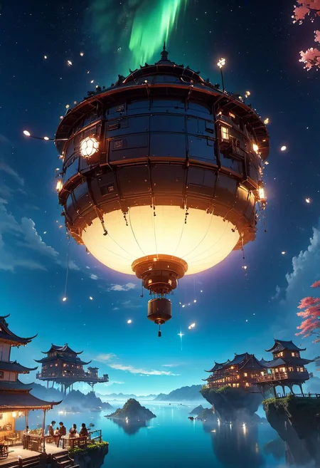 WLOP art style, Ghibli style, outdoors, The island floating in the air, robot metal mechanical machinery, Turn mechanical gears, human, bulding night, meteor star aurora , (low light), top-down view, firefly -ar 9:16, high saturation, high contract