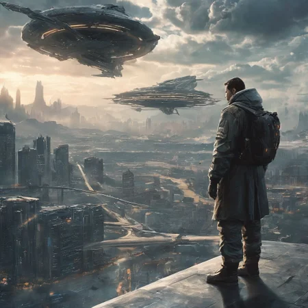 Large cybercity with glorious natural light with deep color from the mid day sun. A solo male standding in baggy clothes stands in the center of the city with a laptop folded closed in their right hand. A motorcybeside the male. Cloudy sky, hd definition, 4k. A military futuristic air vehicle is landing in the city. View from inside the large cyber city. Futuristic city.