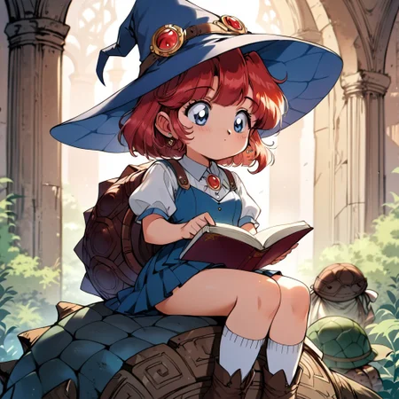 score_9,score_8_up,score_7_up,score_6_up, source_anime,<lora:Faux_Retro_XL:1>, (8k, masterpiece, best quality, cinematic lighting, ultra high res), (extremely detailed image, high resolution, 5k resolution:1.0), (ultra HD quality details), 1girl, cute mage girl, chibi, wizard hat, (((sitting on giant turtle))), sitting on turtle, turtle, ((girl on top of turtle)), (((giant turtle))), reading book, looking at book, grimoire, in front of castle ruin, castle ruin, mystical forest, perfect hands, good lighting, retro artstyle, blue eyes