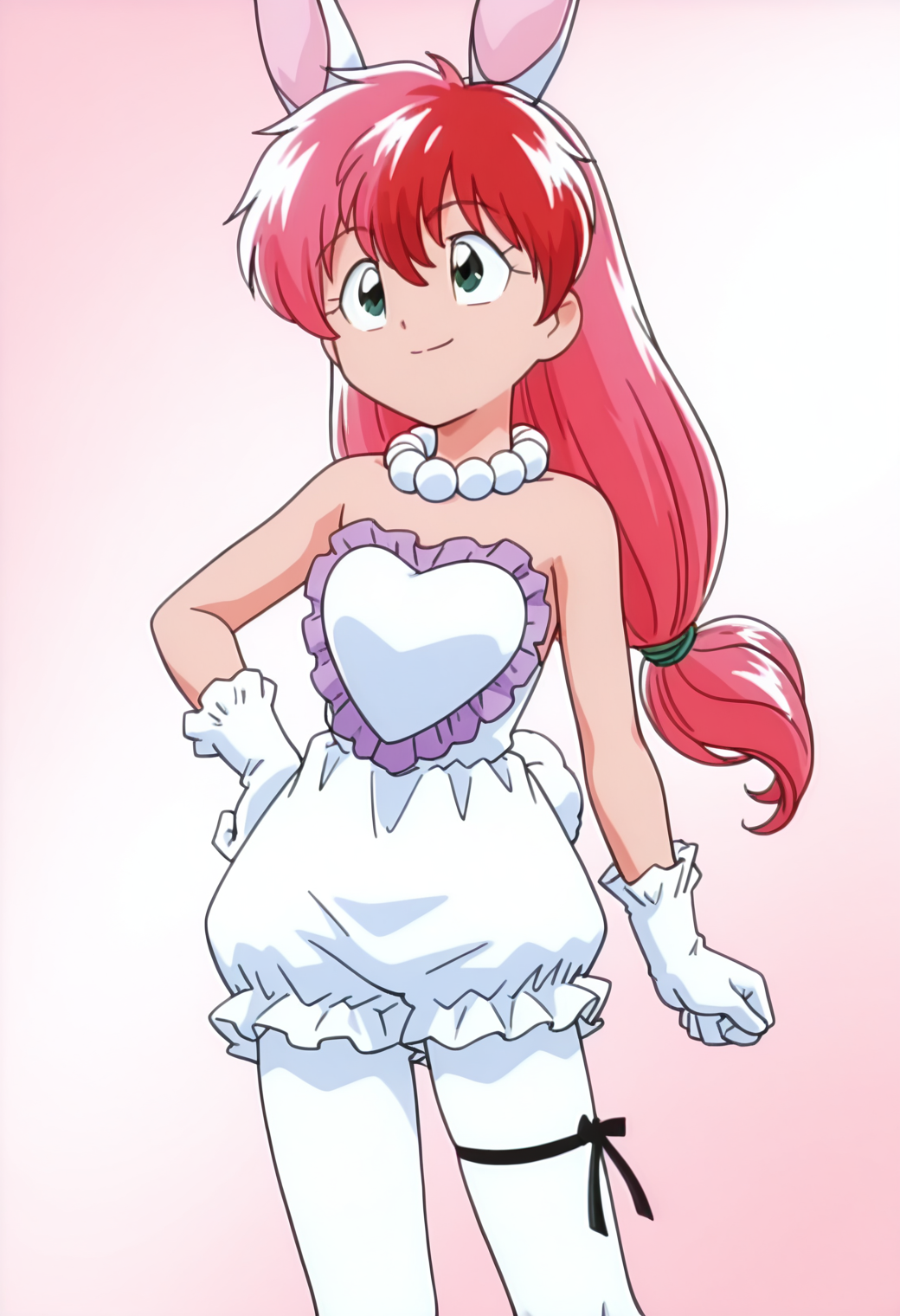 masterpiece, best quality, very aesthetic, absurdres, 1girl, solo, 1990s \(style\),
<lora:yamato_sora_v01:0.9>, <lora:outline_xl_kohaku_delta_spv5x:-1>, yamato_sora, sora_bunny, two-tone hair, pink hair, red hair, low-tied long hair, green eyes,
rabbit girl, rabbit ears, bead necklace, white dress, frills, bare shoulders, white gloves, rabbit tail, bloomers, white pantyhose, thigh ribbon, smile, hand on own hip
