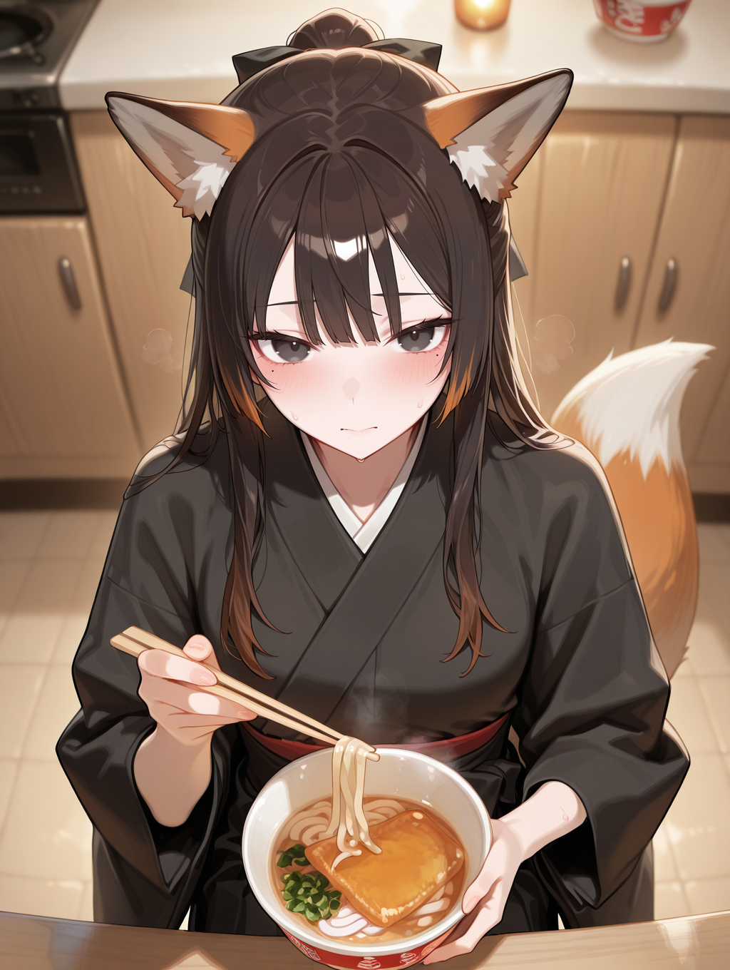 1girl, female focus, upper body, kitchen, table, sitting,from above, noodle, holding chopsticks, holding bowl, maruchan akai kitsune udon, youthful, slender face,  masterpiece, best quality, amazing quality,<lora:Racethnicity2.3-Ill:1> <lora:Ass Adjust_alpha1.0_rank4_noxattn_last:-0.45> <lora:Body Type_alpha1.0_rank4_noxattn_last:0.75>asian_Japanese, dark auburn fox tail, classy hair,dark auburn fox ear, dark auburn hair,long hair,(swept bangs, blunt bangs, hime cut:0.75), half-updo, black ribbon,black kimono, hakama, dark charcoal eyes,mole under right eye,  looking at viewer, facing down, in-heat,  aroused,  ecstasy,blush, sweat, steamy, blurry background,  <lora:maruchanakaikitsuneudon_Illust_v1:0.66> <lora:StS_Age_Slider_Illustrious_v1:-2>