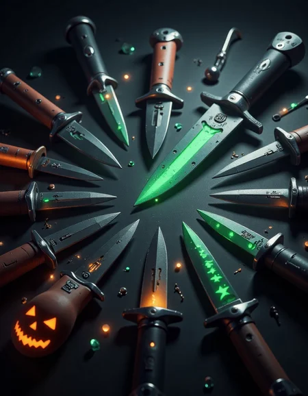 4k photo of a sifi halloween knives arranged in a circle, cinematic lighting, highly detailed, sharp focus, professional photoshoot, 8k, DOF, in the style of hall0w33n