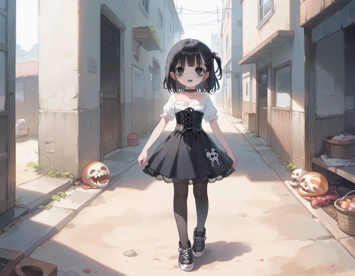 (score_9,score_8_up,score_7_up:1), 1girl, full body, Off center view, horror, daylight, warm tones, Cute, (goth, (black lipstick, black mascara, black eyeshadow)), (skinny), neonglow color hair, intricate layered hairstyle, choker, eyeshadow)) (etherial scarred skin), Huge ass, narrow waist, (Running), messy beach, (<lora:zavy-cntrst-sdxl:1> chiaroscuro, low-key, horror), ((<lora:goth_clothes:1> skirt(side lace-up corset, black skirt))), <lora:AdamHughes_PDXL-style:1> AdamHughesstyle, <lora:add-detail-xl:1>