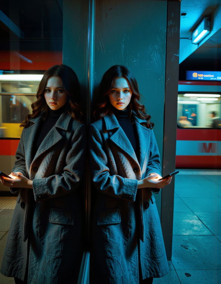 This is a photograph of a young woman standing in a dimly lit urban subway station. The image was taken at night, with ambient lighting from a moving train blurring in the background, creating a dynamic effect. The woman, who appears to be in her early twenties, has long, wavy brown hair and fair skin. She is wearing a long, high-collared gray wool coat, giving her an elegant and somewhat mysterious appearance.
She is leaning against a reflective glass wall, creating a mirror effect that doubles her image. Her right hand is outstretched, holding a small, bright light source, likely a mobile phone that emits a soft, warm light, contrasting with the cool, blue-tinted ambient light. The light source casts a soft glow on her face, highlighting her delicate features and giving her a serene, almost ethereal quality.
The walls of the subway station are smooth and have a muted color palette, with gray and blue tones dominating. The floor is made of large rectangular tiles in a light gray color. The overall mood of the image is contemplative and introspective, reinforced by the soft lighting and the woman's serene expression. <lora:Synesthesia:0.45>