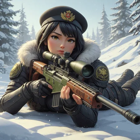 cartoon illustration of Tifa Lockhart laying down in snow holding Sniper Rifle, Soviet Army uniform,curvy,fur Soviet hat, <lora:XL_Weapon_Sniper_Rifle_-_By_HailoKnight:0.7>,